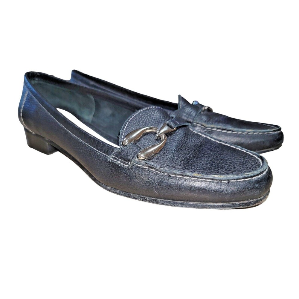 Arturo Chiang Women's 8.5 M Black Pebbled Leather Horse Bit Loafers Flats